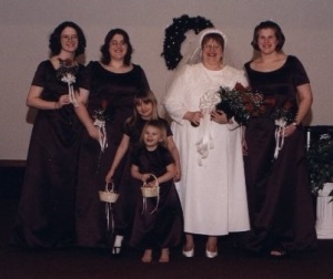 My biggest sewing project...my dress, 3 bridesmaid dresses and 2 flower girl dresses.